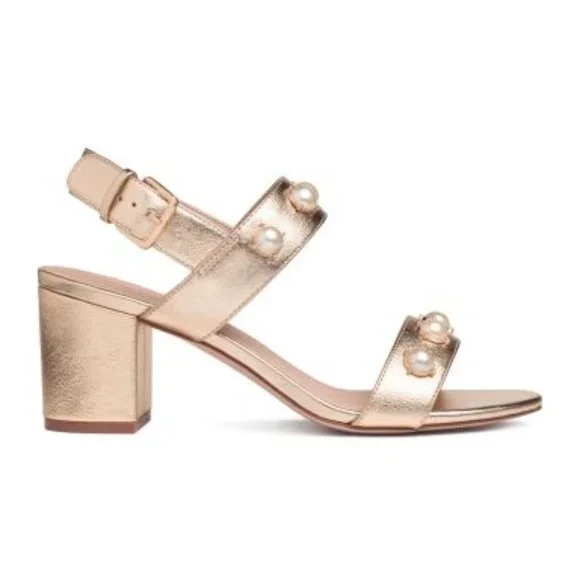 H&M Shoes Hm Metallic Gold Block Heel Sandals With Pearls